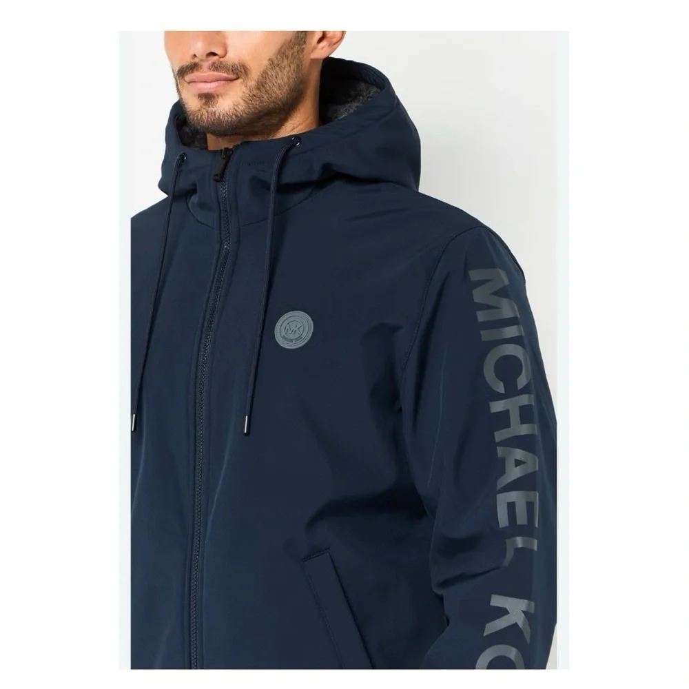 Michael Kors Men XL tall Blue soft shell full zip hooded arm logo Jacket coat